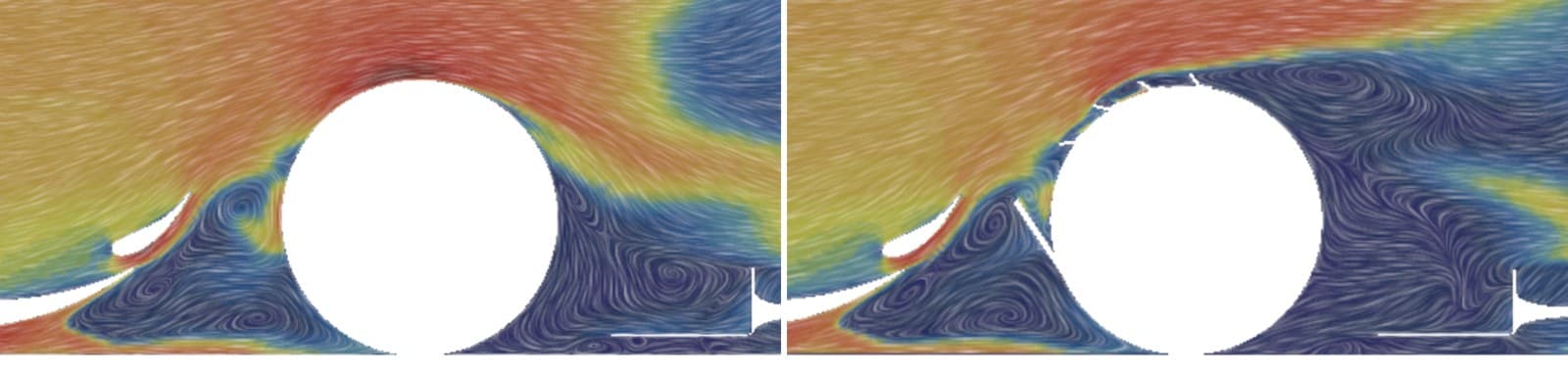 Wake around static wheels, without fins on the left and with fins on the right