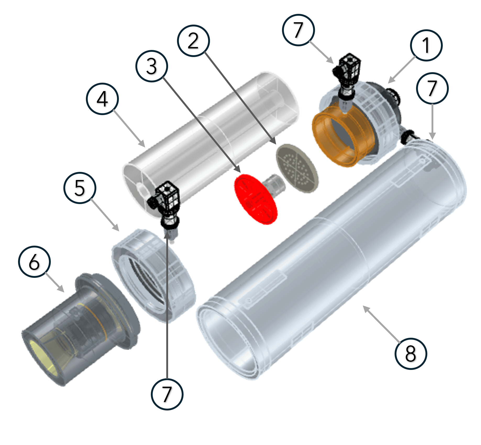 Exploded view of the Pana hybrid rocket engine with its eight primary components